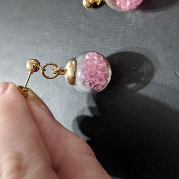 Gold Tone Pink Crystal Filled Balls Dangle Drop Statement Earrings - Picture 2 of 3